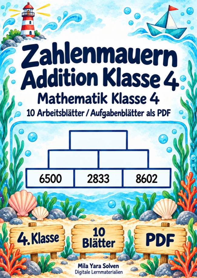 Cover: Zahlenmauern Addition Klasse 4 | 10 Arbeitsblätter / Aufgabenblätter als PDF
