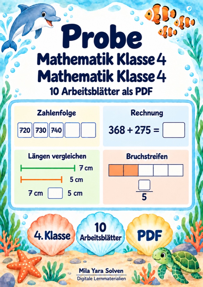 Cover: Probe Mathematik Klasse 4 | 10 Arbeitsblätter / Aufgabenblätter als PDF